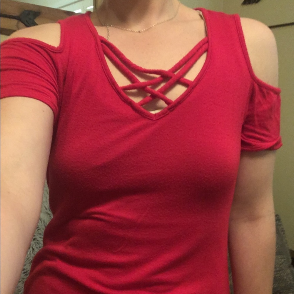 Red, Bare-Shoulder Isaac Liev Shirt